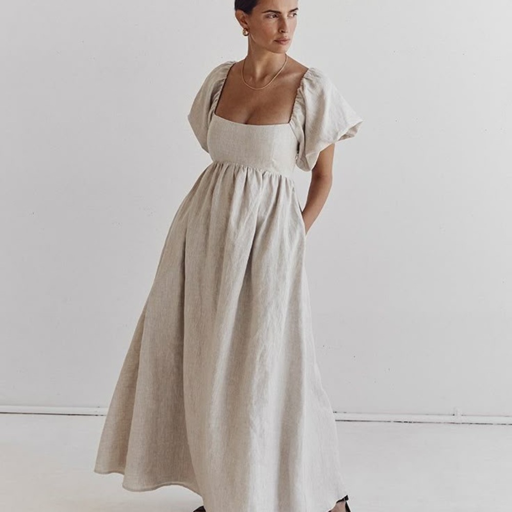 DISSH Cream Linen Midi Dress with Puff Sleeves